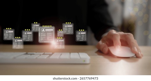 Recruitment and Resume Evaluation. Using a computer with floating digital resumes rated by stars, symbolizing modern recruitment, candidate assessment and performance-based hiring decisions.