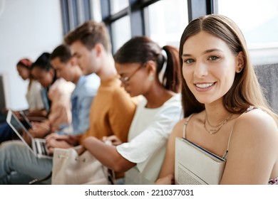 Recruitment, Waiting Room And Students Portrait At Internship Opportunity, HR Interview Or Career Application At University, Gen Z Research Scholarship Candidate People For Human Resources Hiring Job