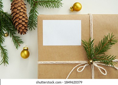 Rectangle Christmas Gift , Thank You Card, Name Card Sticker Mockup, Empty Adhesive Label On Wrapped Gift Box, Decorations, Top View.          