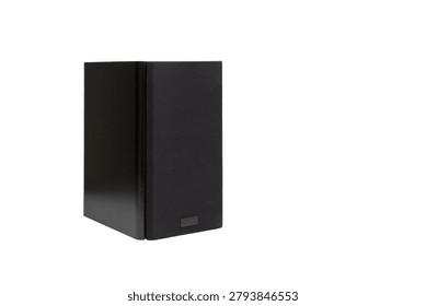 rectangular acoustic speaker system crafted in dark wooden housing with black cloth mesh front panel stands at a slight angle on a pure white background