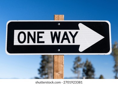 Rectangular black and white "ONE WAY" traffic sign with a bold right-pointing arrow is mounted on a wooden post, set against a clear blue sky and tall pine trees. 