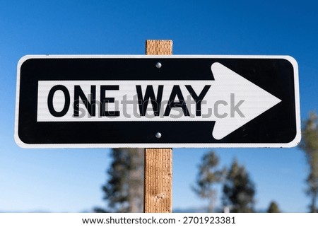 Rectangular black and white "ONE WAY" traffic sign with a bold right-pointing arrow is mounted on a wooden post, set against a clear blue sky and tall pine trees. 