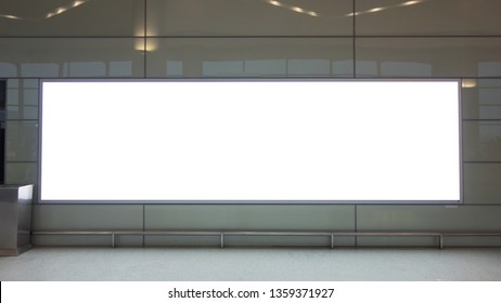 Rectangular Blank Billboard White Mockup In The Airport Corridor