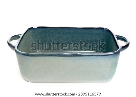 Rectangular blue ceramic baking dish.