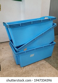 Rectangular Blue Plastic Tanks. Indoor Fish Hatchery Equipment. 3 Units Stacking Each Other.