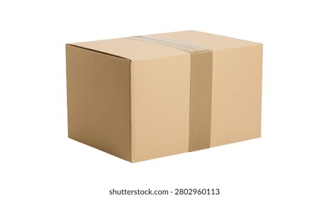 Rectangular brown cardboard shipping box sealed with adhesive packing tape