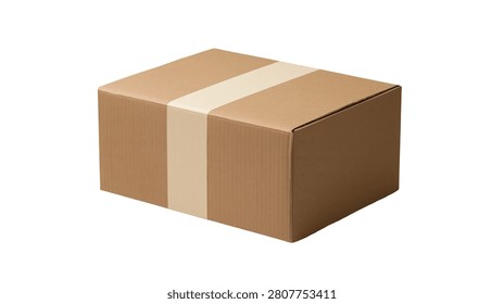 Rectangular brown cardboard shipping box sealed with wide adhesive tape