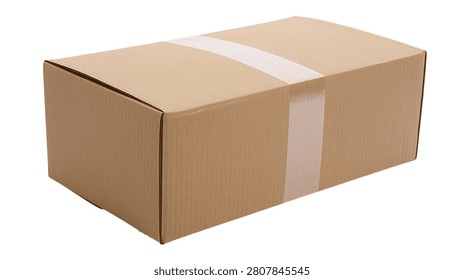 Rectangular brown cardboard shipping box sealed with white adhesive tape