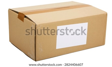 Rectangular brown cardboard shipping box with adhesive tape and blank white label