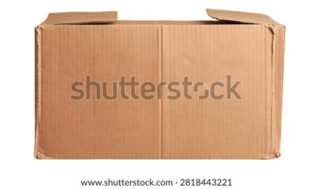 Rectangular brown corrugated cardboard box with open top flaps