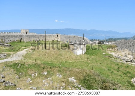 Rectangular building within the walls of Tsar Samuel's Fortress of Ohrid, North Macedonia during a sunny day of spring.
