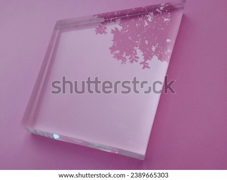 a rectangular clear acrylic plastic thick on a pink surface with a leaf shadow reflection