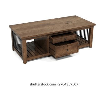 Rectangular coffee table. A combination of wood and iron.