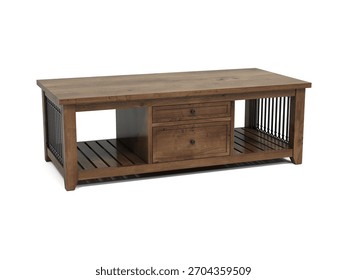 Rectangular coffee table. A combination of wood and iron.