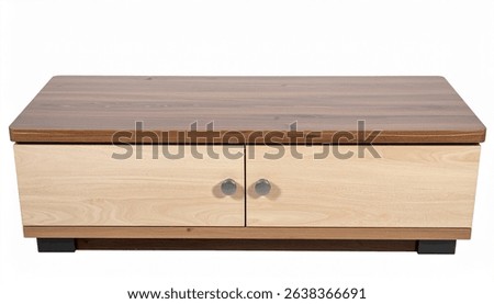 Rectangular coffee table, twotoned wood finish dark brown top, light beige drawers, two storage cabinets with silver knobs. Simple, contemporary style.