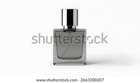Rectangular dark glass perfume bottle with silver cap, isolated on white. Empty, ready for your design.