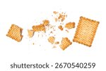 Rectangular double color biscuit broken and crumbs, cookies pieces isolated on white, top view
