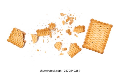 Rectangular double color biscuit broken and crumbs, cookies pieces isolated on white, top view