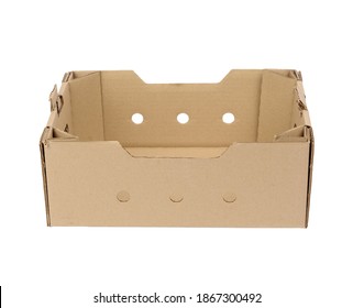 rectangular empty cardboard box of brown paper on a white background, box without a lid for vegetables and fruits in with holes