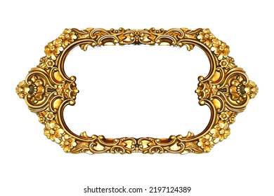 Rectangular empty wooden and gold gilded ornamental frame isolated on white background
