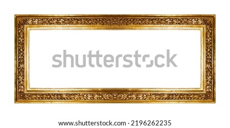 Rectangular empty wooden and gold gilded ornamental frame isolated on white background