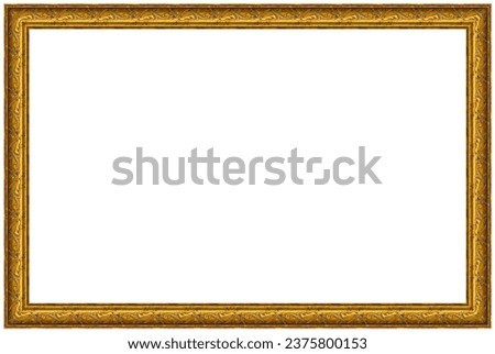 Rectangular empty wooden and gold gilded ornamental frame isolated on white background