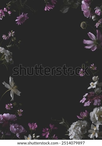 rectangular frame or border with pink and white garden flowers and wildflowers against a dark background, roses, hydrangea, jasmine and more, lush romantic floral design element for cards and covers