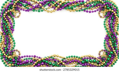 A rectangular frame made of colorful Mardi Gras beads in purple, green, and gold on a white background.