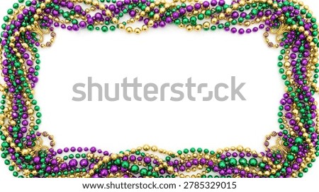 A rectangular frame made of colorful Mardi Gras beads in purple, green, and gold on a white background.