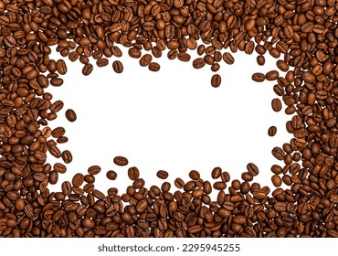 Rectangular frame of scattered roasted coffee beans. Isolated on white background.
