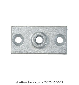 A rectangular, galvanized metal plate with a textured, silver-gray surface. It three circular holes: one central hole with a recessed rim and two smaller holes on either side. metal......