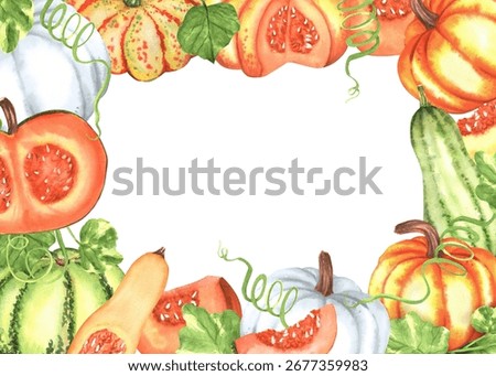 Rectangular horizontal frame of orange, white and green watercolor pumpkins and leaves. Fall harvest decoration. Vegetable garden. Hand-drawn illustration for printing design, postcards, invitations.