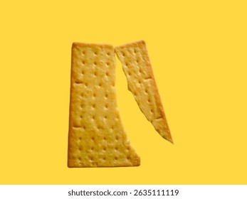 A rectangular, light-brown, perforated cracker is broken in half.The background is a solid, vibrant yellow.This image captures the simple elegance of everyday food items.