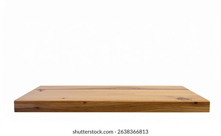 A rectangular, lightcolored wooden shelf or tabletop is isolated on a white background. The wood grain is visible, and the surface is clean and empty, ideal for product display.