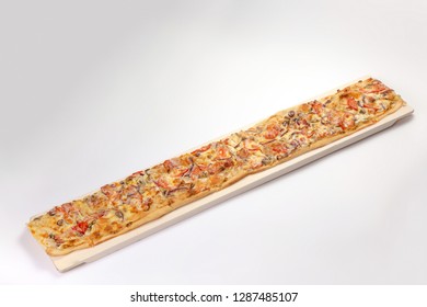 Rectangular Long Pizza On A Wooden Board, On A White Background