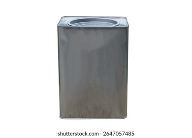 Rectangular metal tin can on white background. Concept durable packaging for liquids, oils, or industrial goods. Perfect for storage, transport, eco-friendly  versatile packaging  for various products
