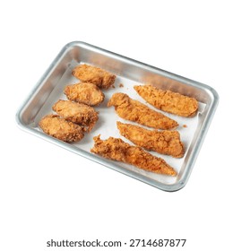 A rectangular metal tray featuring a mix of crispy, golden-brown fried chicken wings (4 pieces) and chicken strips (3 pieces), arranged on white parchment paper, isolated on white.