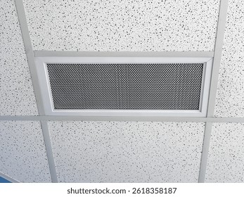 A rectangular, perforated metal grille, a Ventlab, installed in a suspended ceiling with a speckled pattern. The grille has a silver frame and centered within the ceiling tiles and support structure.
