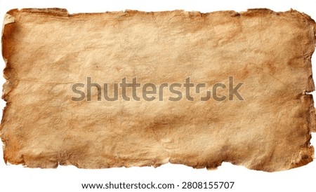 A rectangular piece of aged, weathered parchment paper with rough, torn edges isolated on a white background.