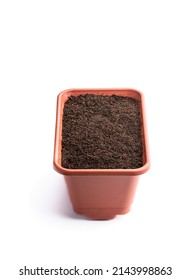 Rectangular  Pot Filled With Organic Potting Soil Isolated On White Background 