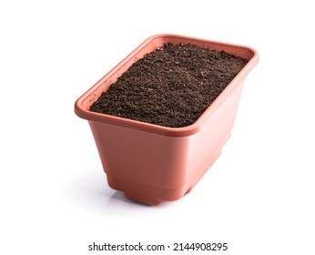 Rectangular  Pot Filled With Organic Potting Soil Isolated On White Background 