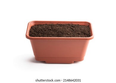 Rectangular  Pot Filled With Organic Potting Soil Isolated On White Background 