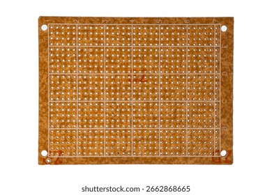 Rectangular prototyping circuit board with grid markings is isolated.