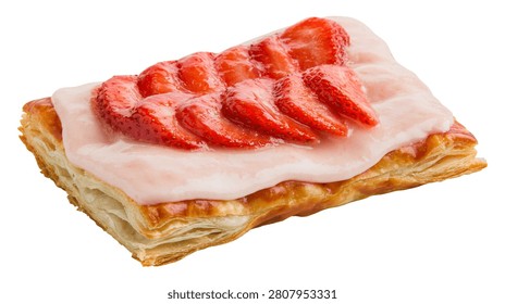 Rectangular puff pastry danish topped with pink icing and fresh strawberry slices