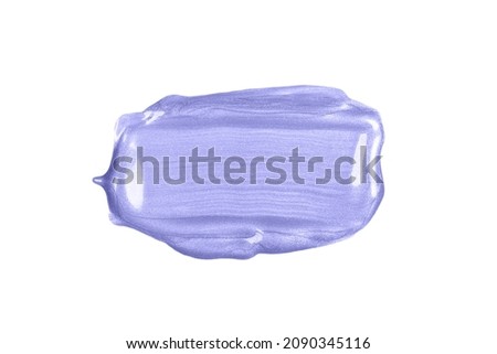 Rectangular purple or violet glossy brush stroke or smear cut out on white background. Acrylic paint or make up smear swatch sample. Trendy banner with 2022 color of the year very peri.