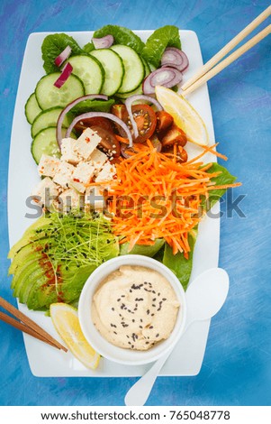 Rectangular rainbow vegan plate with vegetables, tofu and hummus. Vegetarian detox food concept. Blue background, top view.