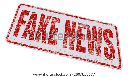 Rectangular red and white distressed rubber stamp with Fake News text