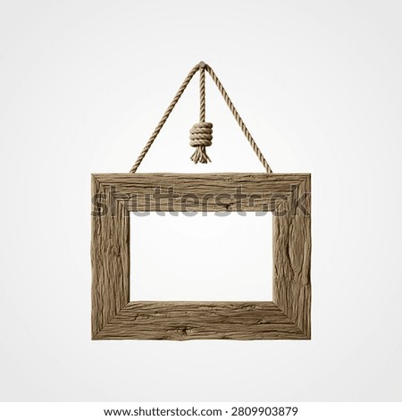 Rectangular rustic wooden frame suspended by knotted rope, horizontal orientation