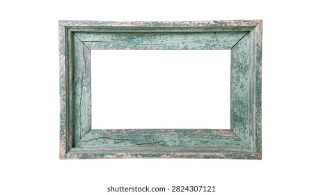Rectangular rustic wooden picture frame with distressed green paint finish