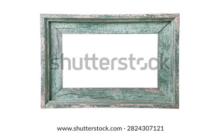 Rectangular rustic wooden picture frame with distressed green paint finish
